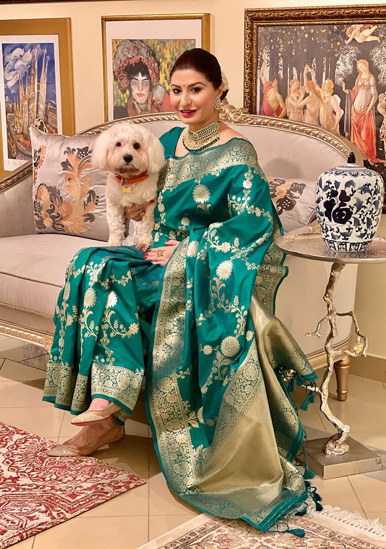 Dark Teal Woven Katan Silk Saree Set - Indya