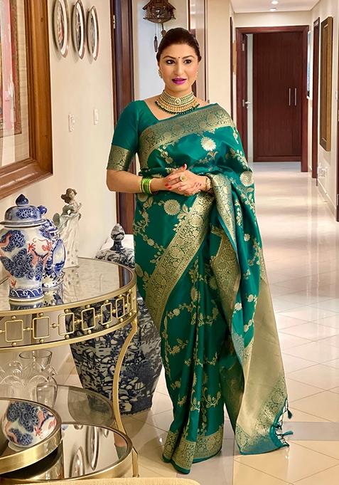 Dark Teal Woven Katan Silk Saree Set