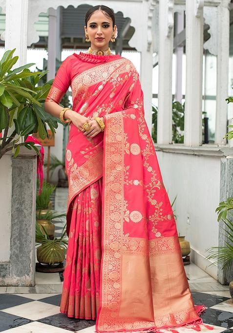 Peach Woven Katan Silk Saree Set