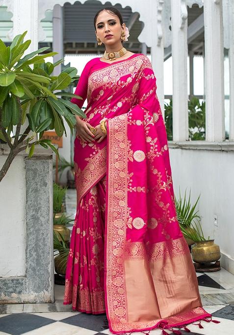 Rani Pink Woven Katan Silk Saree Set