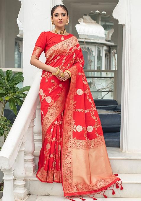 Red Woven Katan Silk Saree Set