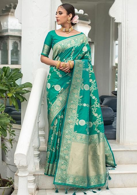 Sea Green Woven Katan Silk Saree Set