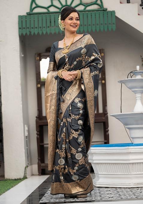 Black Woven Katan Silk Saree Set