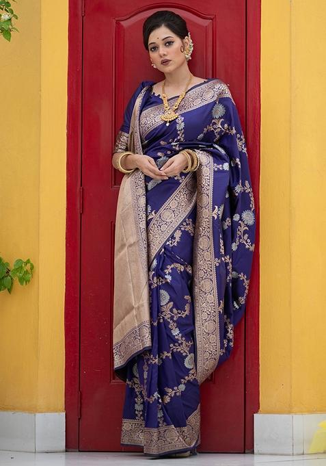 Blue Woven Katan Silk Saree Set