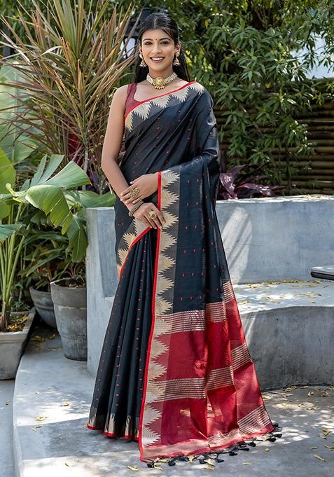 Black Zari Woven Tussar Silk Saree Set