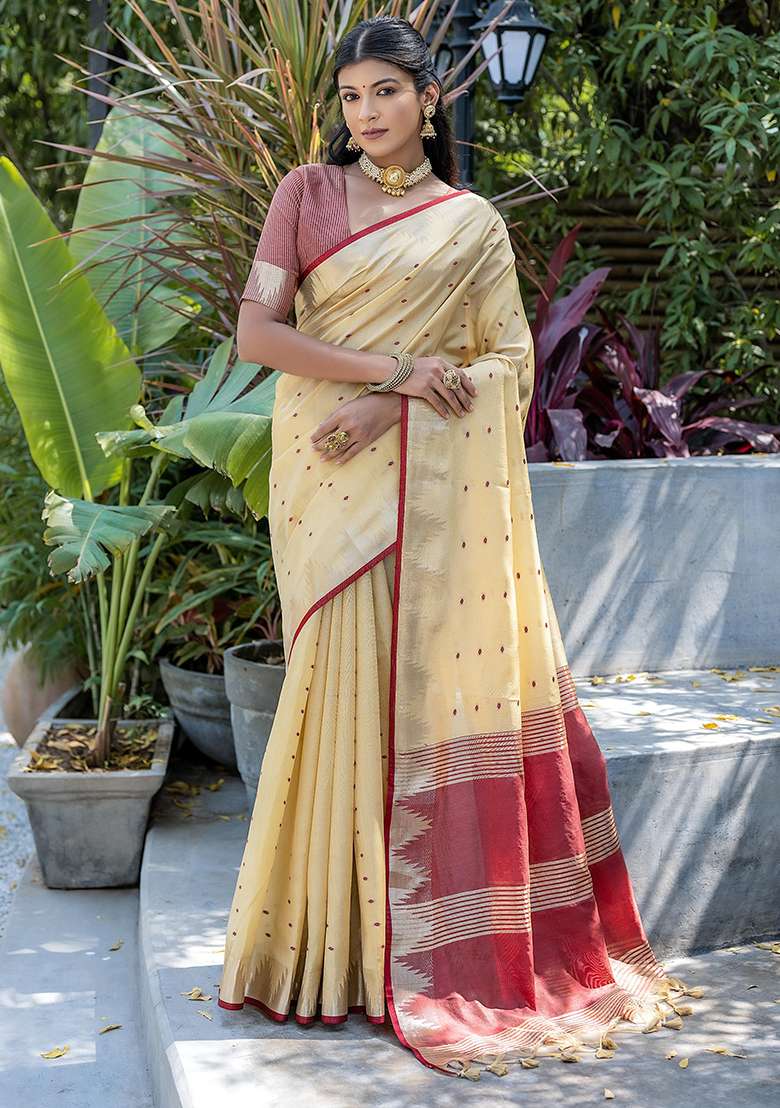 Cream Zari Woven Tussar Silk Saree Set for Diwali and Festive Wear - Indya