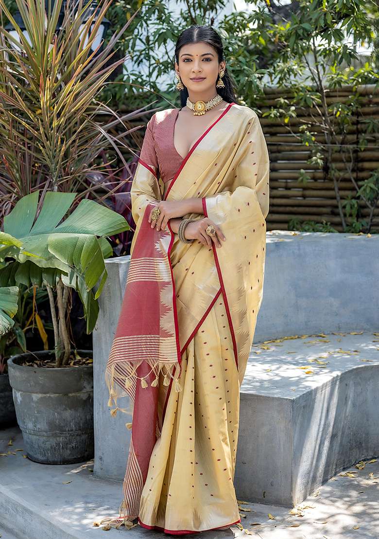 Cream Zari Woven Tussar Silk Saree Set for Diwali and Festive Wear - Indya