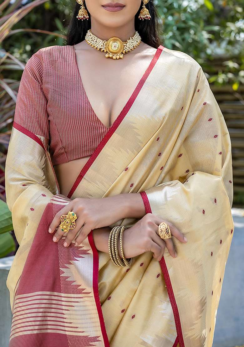 Cream Zari Woven Tussar Silk Saree Set for Diwali and Festive Wear - Indya
