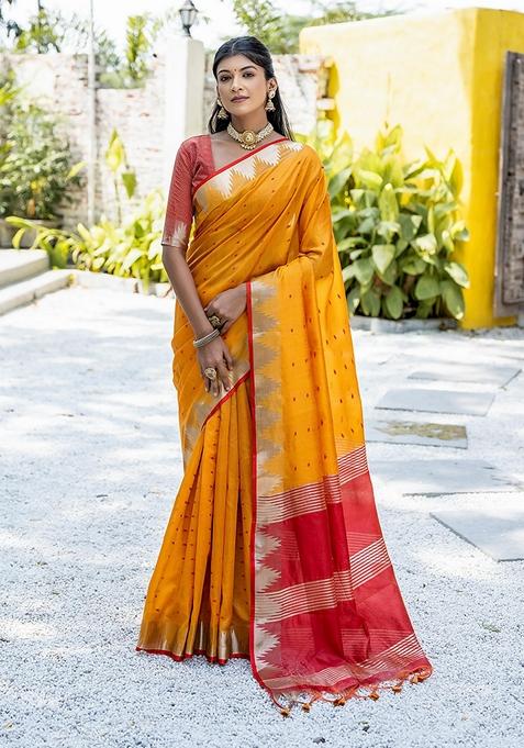 Mustard Zari Woven Tussar Silk Saree Set