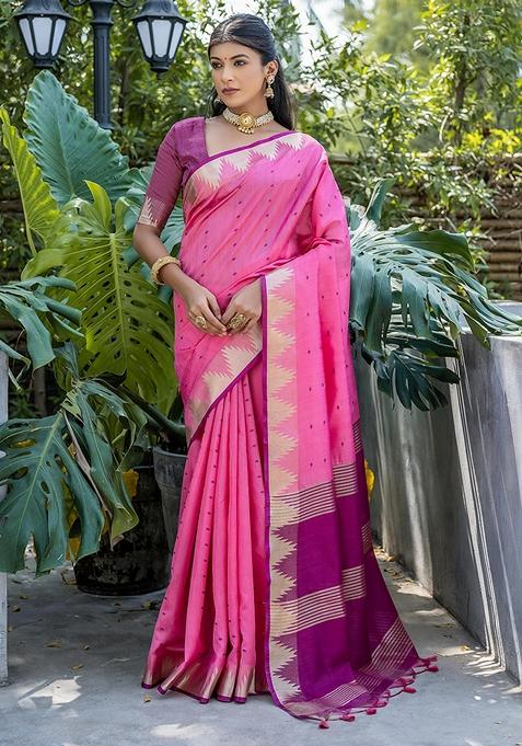 Pink Zari Woven Tussar Silk Saree Set