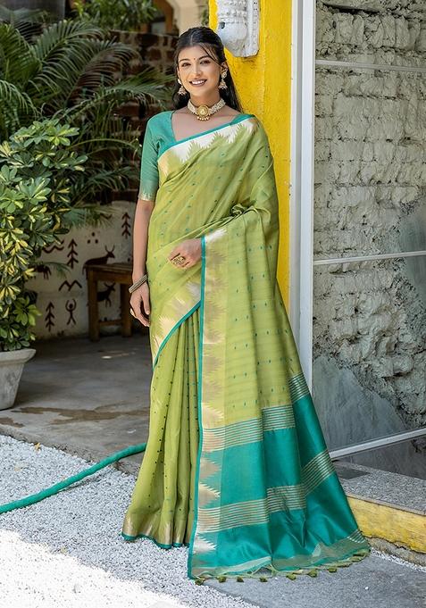 Pista Green Zari Woven Tussar Silk Saree Set