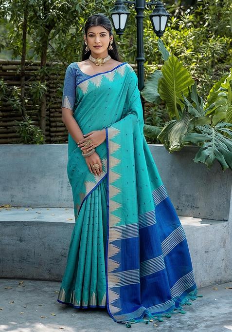 Rama Green Zari Woven Tussar Silk Saree Set