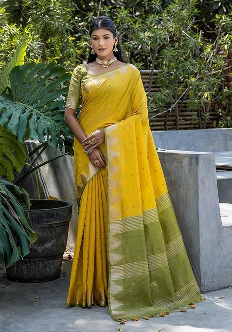 Yellow Zari Woven Tussar Silk Saree Set