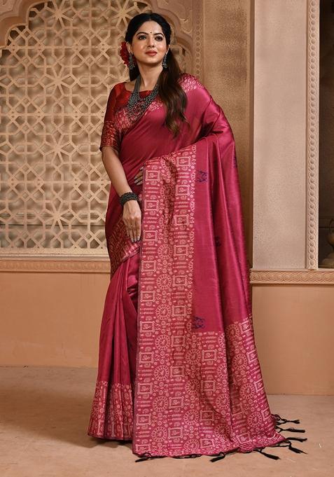 Red Woven Raw Silk Saree Set