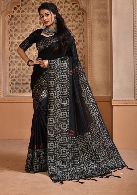 Black Woven Raw Silk Saree Set