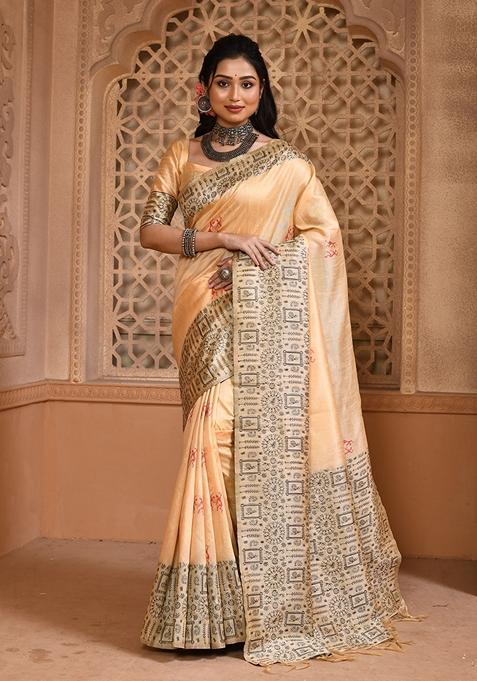 Cream Woven Raw Silk Saree Set