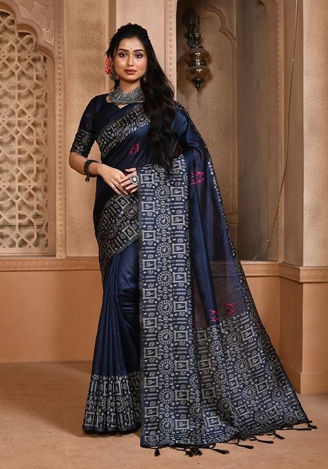 Blue Woven Raw Silk Saree Set