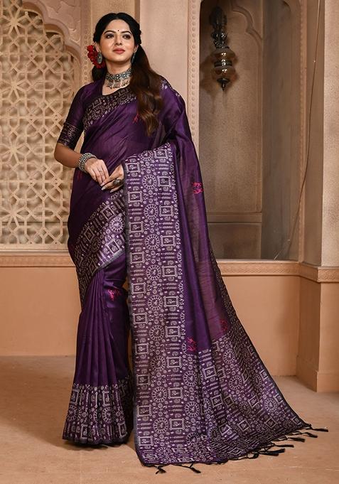 Purple Woven Raw Silk Saree Set