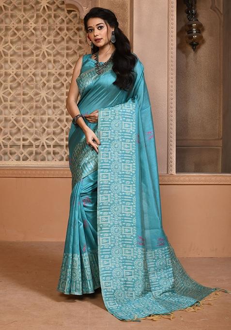 Teal Woven Raw Silk Saree Set