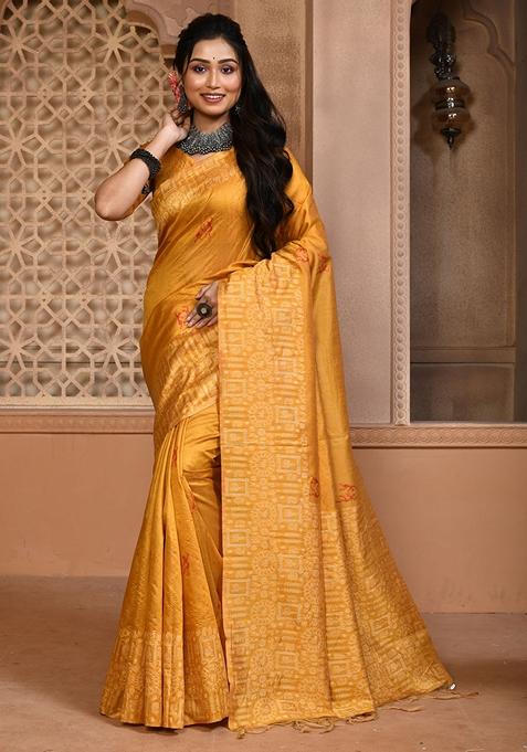 Yellow Woven Raw Silk Saree Set