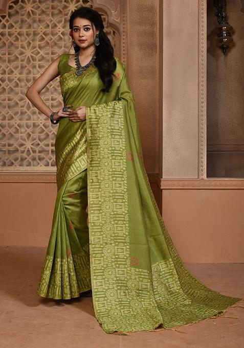 Green Woven Raw Silk Saree Set