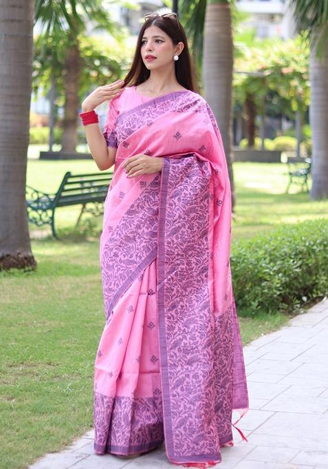 Pink Woven Raw Silk Saree Set