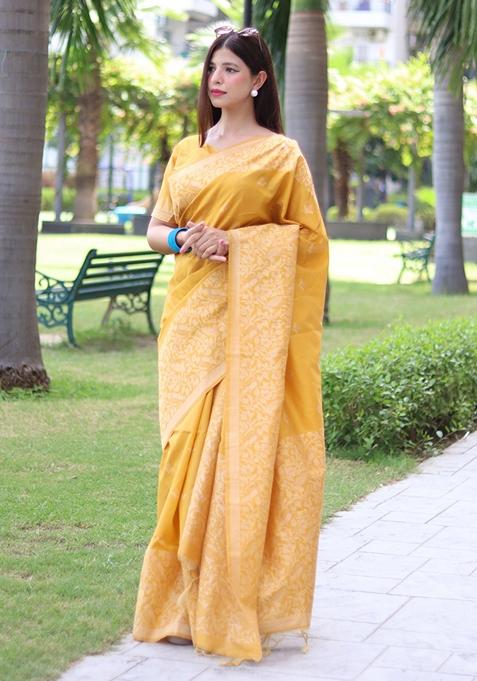 Yellow Woven Raw Silk Saree Set