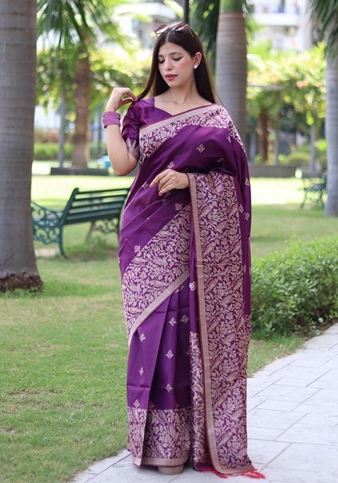 Purple Woven Raw Silk Saree Set