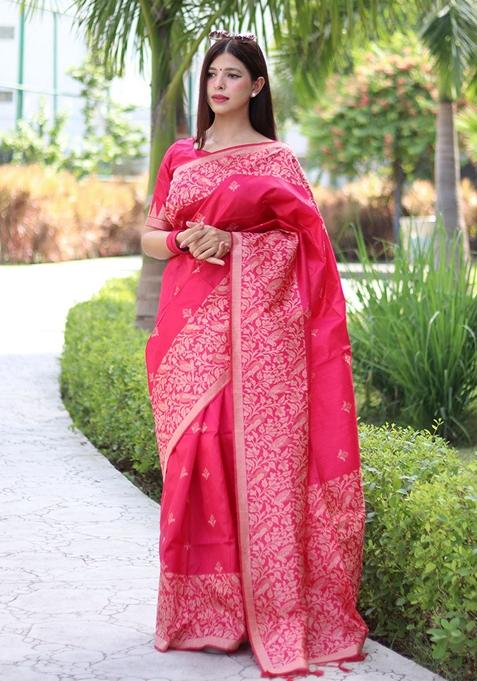 Peach Woven Raw Silk Saree Set