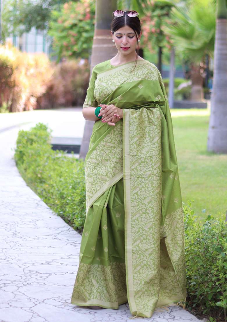 Parrot Green Woven Raw Silk Saree Set - Indya