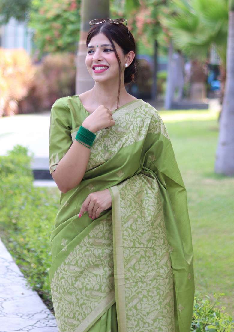 Parrot Green Woven Raw Silk Saree Set - Indya