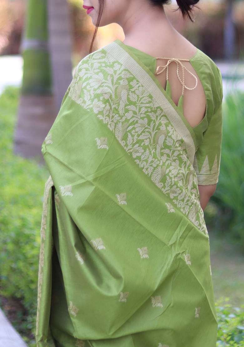 Parrot Green Woven Raw Silk Saree Set - Indya