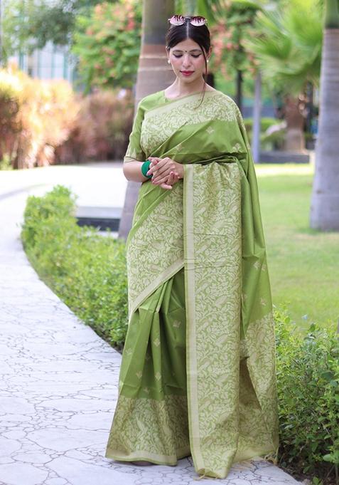 Parrot Green Woven Raw Silk Saree Set