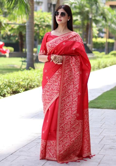 Red Woven Raw Silk Saree Set