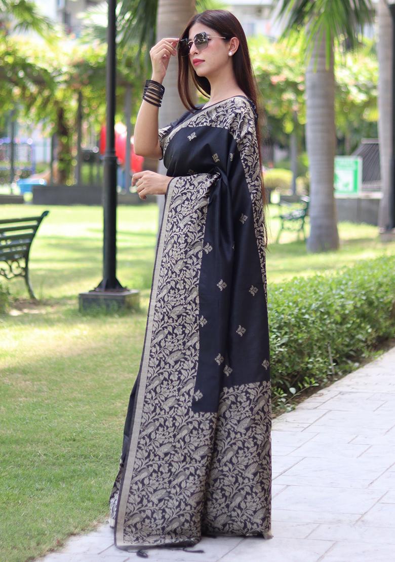 Black Woven Raw Silk Saree Set - Indya