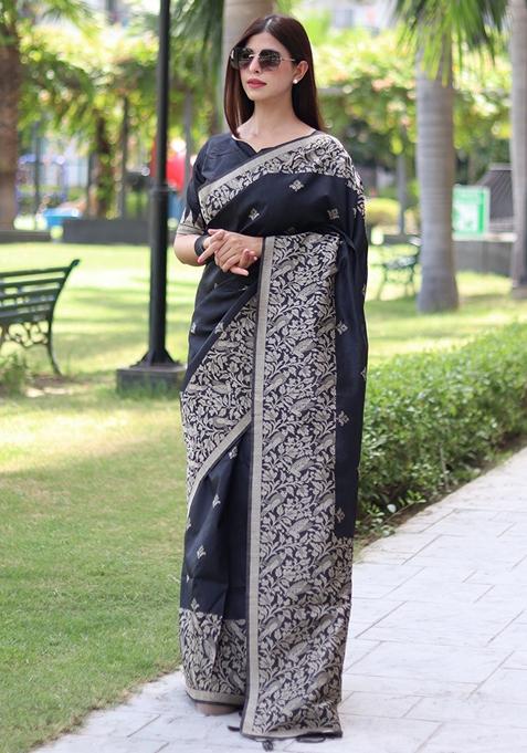 Black Woven Raw Silk Saree Set