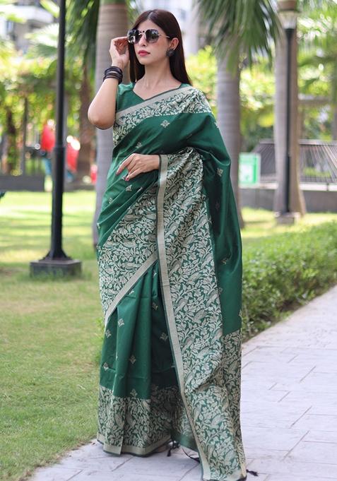 Green Woven Raw Silk Saree Set