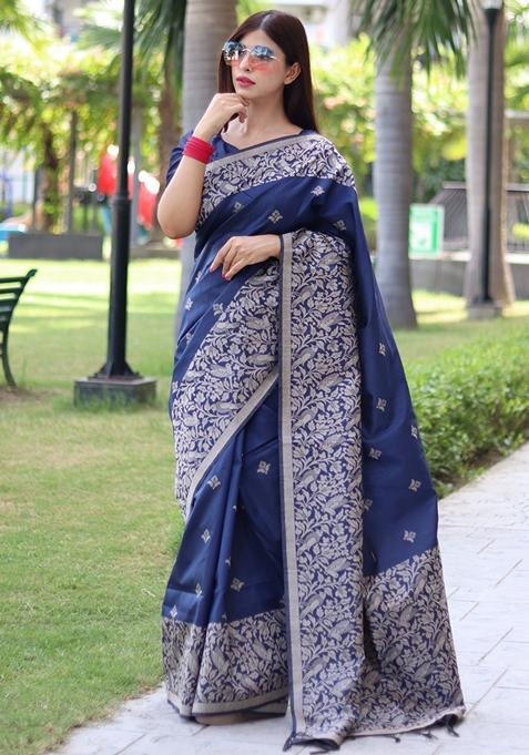 Navy Blue Woven Raw Silk Saree Set