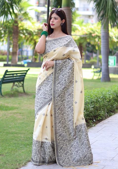 Cream Woven Raw Silk Saree Set