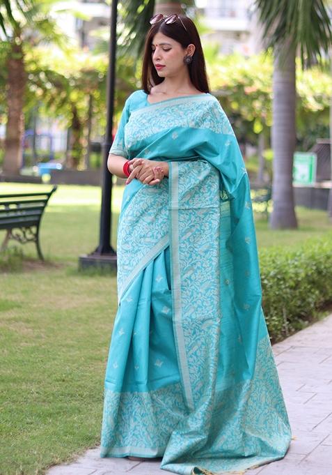 Sky Blue Woven Raw Silk Saree Set