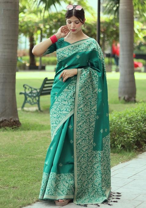 Teal Woven Raw Silk Saree Set