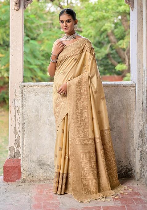 Cream Woven Raw Silk Saree Set