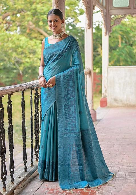 Firozi Woven Raw Silk Saree Set