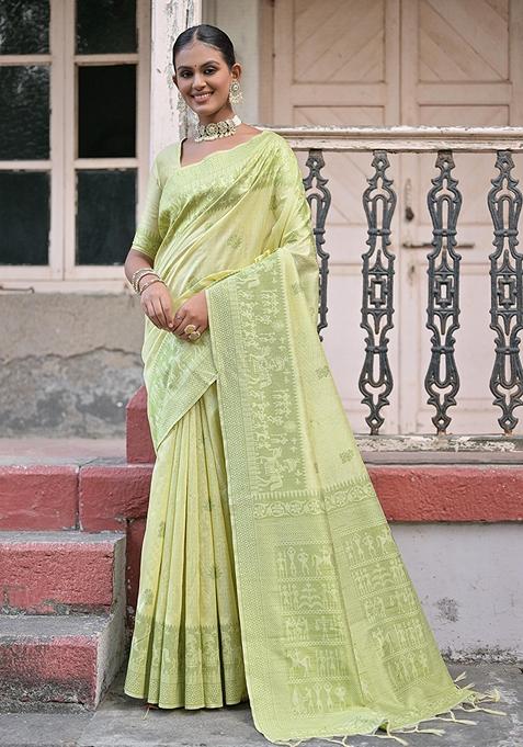 Mehendi Woven Raw Silk Saree Set