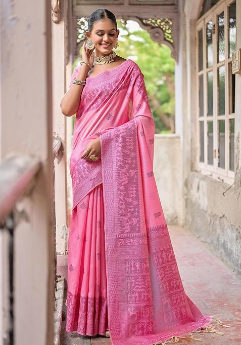 Pink Woven Raw Silk Saree Set