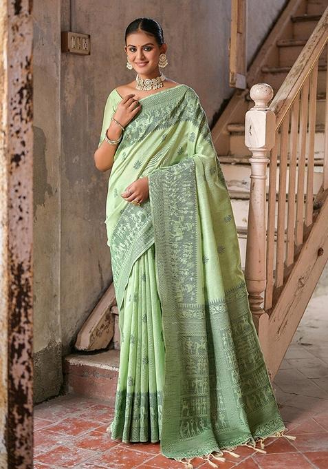 Pista Green Woven Raw Silk Saree Set