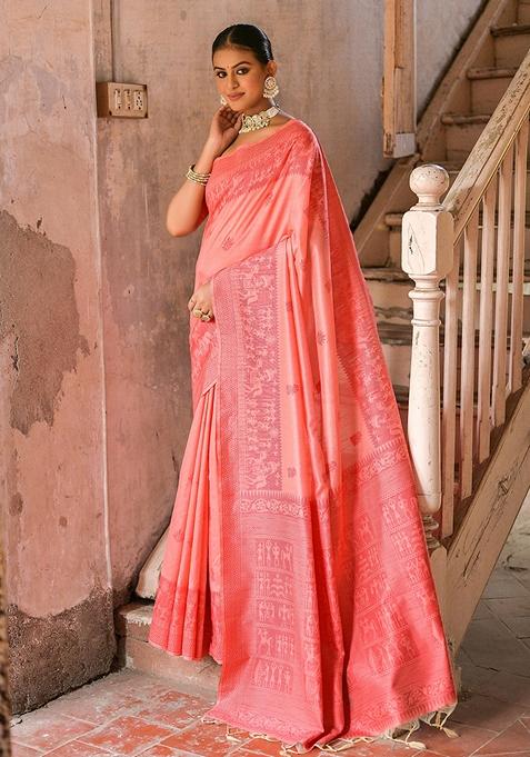 Red Woven Raw Silk Saree Set