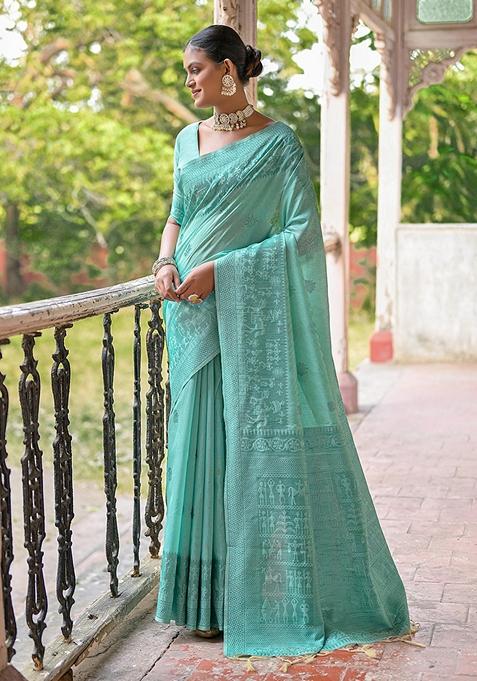 Green Woven Raw Silk Saree Set