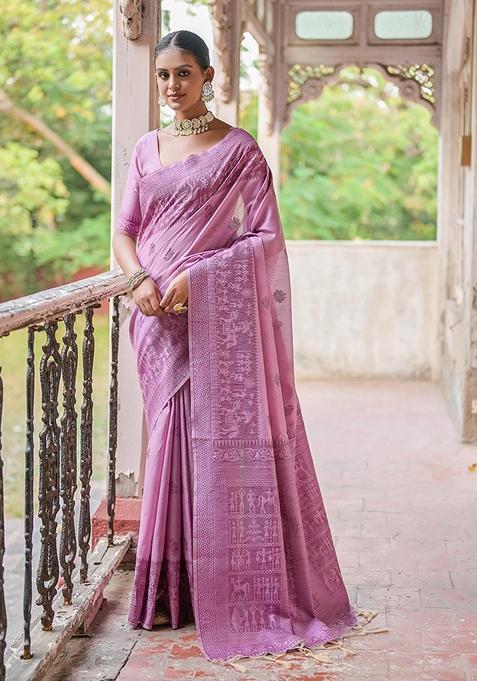 Wine Woven Raw Silk Saree Set