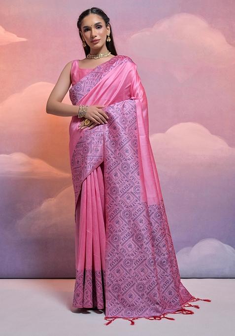 Baby Pink Woven Raw Silk Saree Set